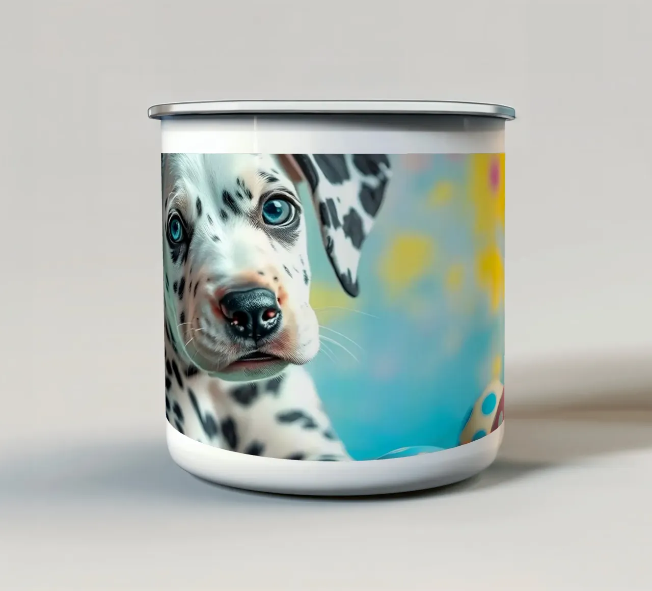 Cucciolo di dalmata esplora le colorate uova di Pasqua tazza in smalto da DesignDoodle