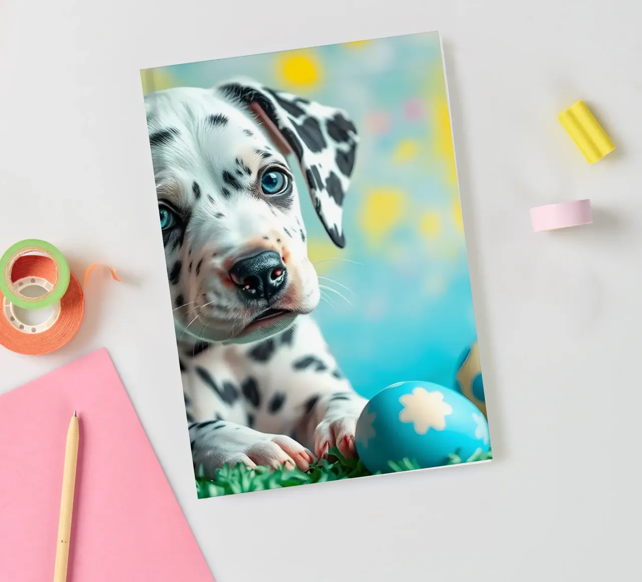 Dalmatian puppy explores colorful Easter eggs notebook by DesignDoodle