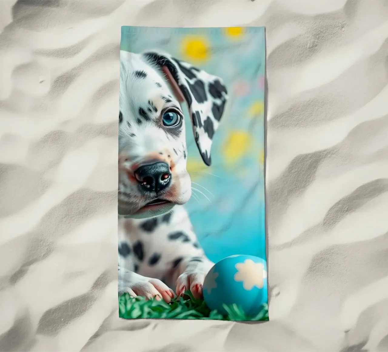 Cucciolo di dalmata esplora le colorate uova di Pasqua telo mare da DesignDoodle