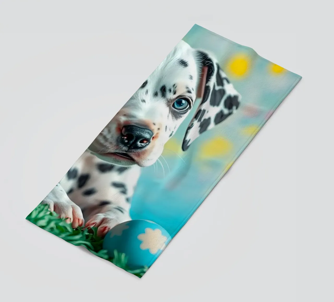 Cucciolo di dalmata esplora le colorate uova di Pasqua telo mare da DesignDoodle