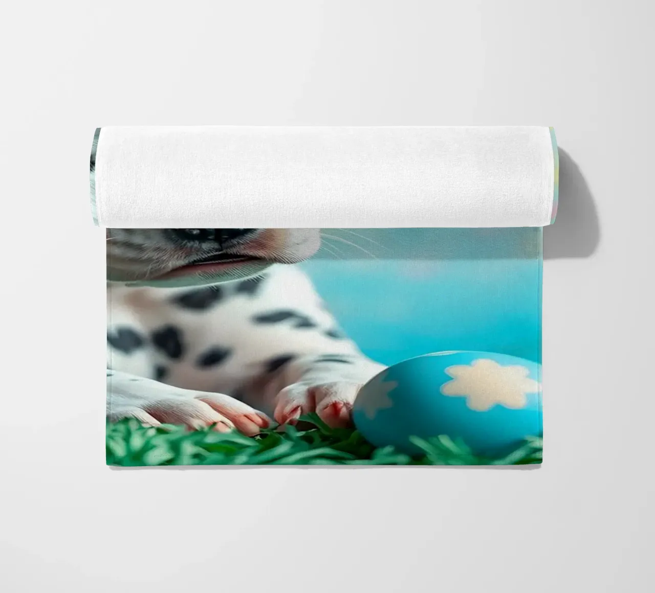 Cucciolo di dalmata esplora le colorate uova di Pasqua telo mare da DesignDoodle