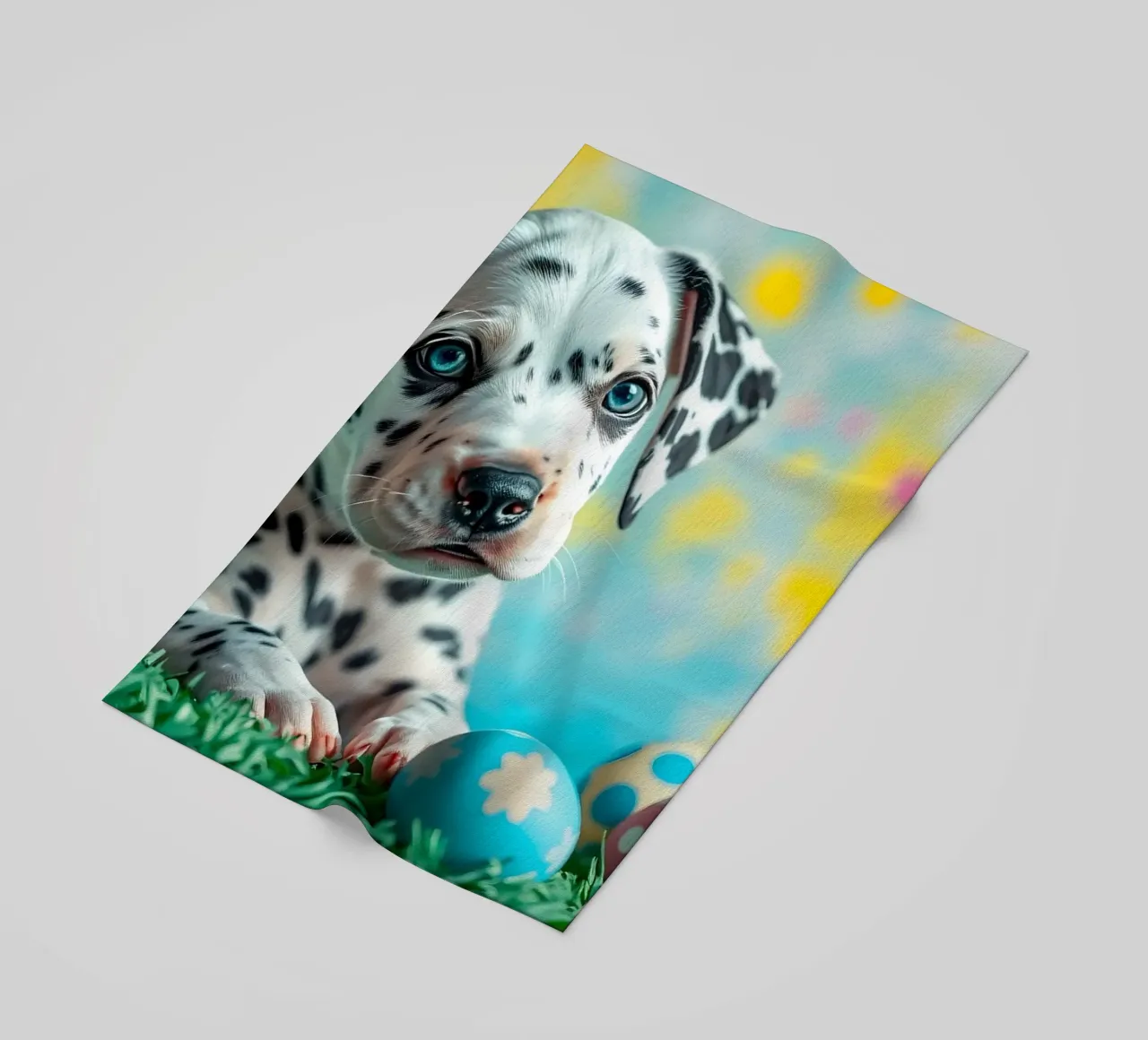 Cucciolo di dalmata esplora le colorate uova di Pasqua telo mare da DesignDoodle
