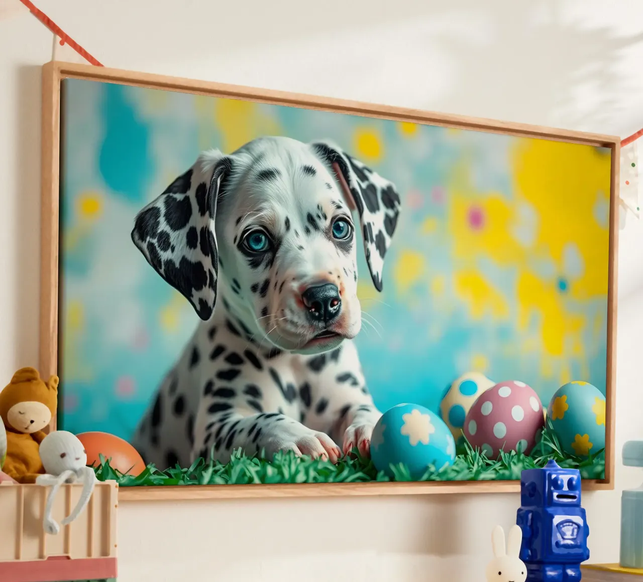 Cucciolo di dalmata esplora le colorate uova di Pasqua tela con Cornice a cassetta da DesignDoodle