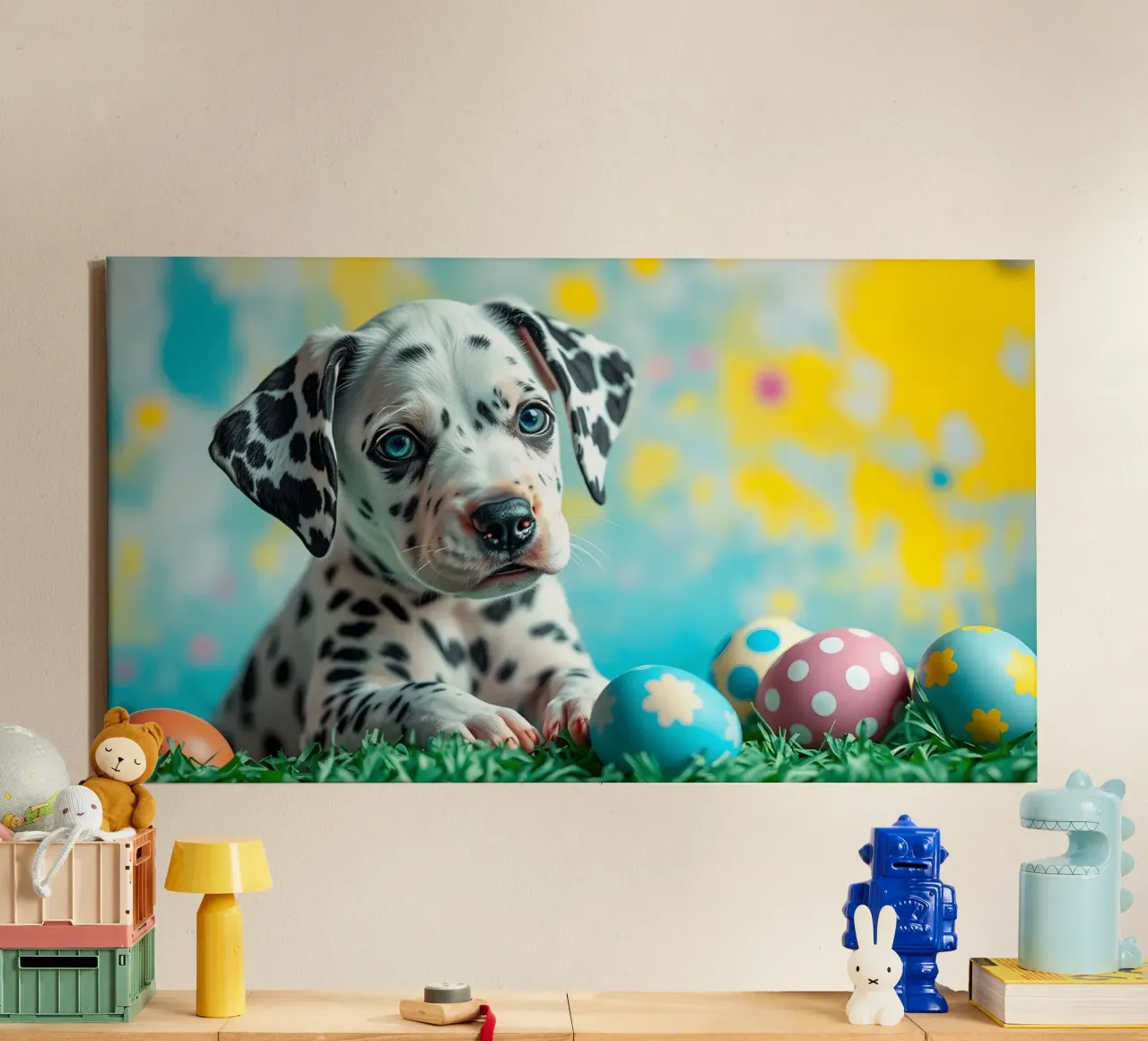 Cucciolo di dalmata esplora le colorate uova di Pasqua tela con Cornice a cassetta da DesignDoodle