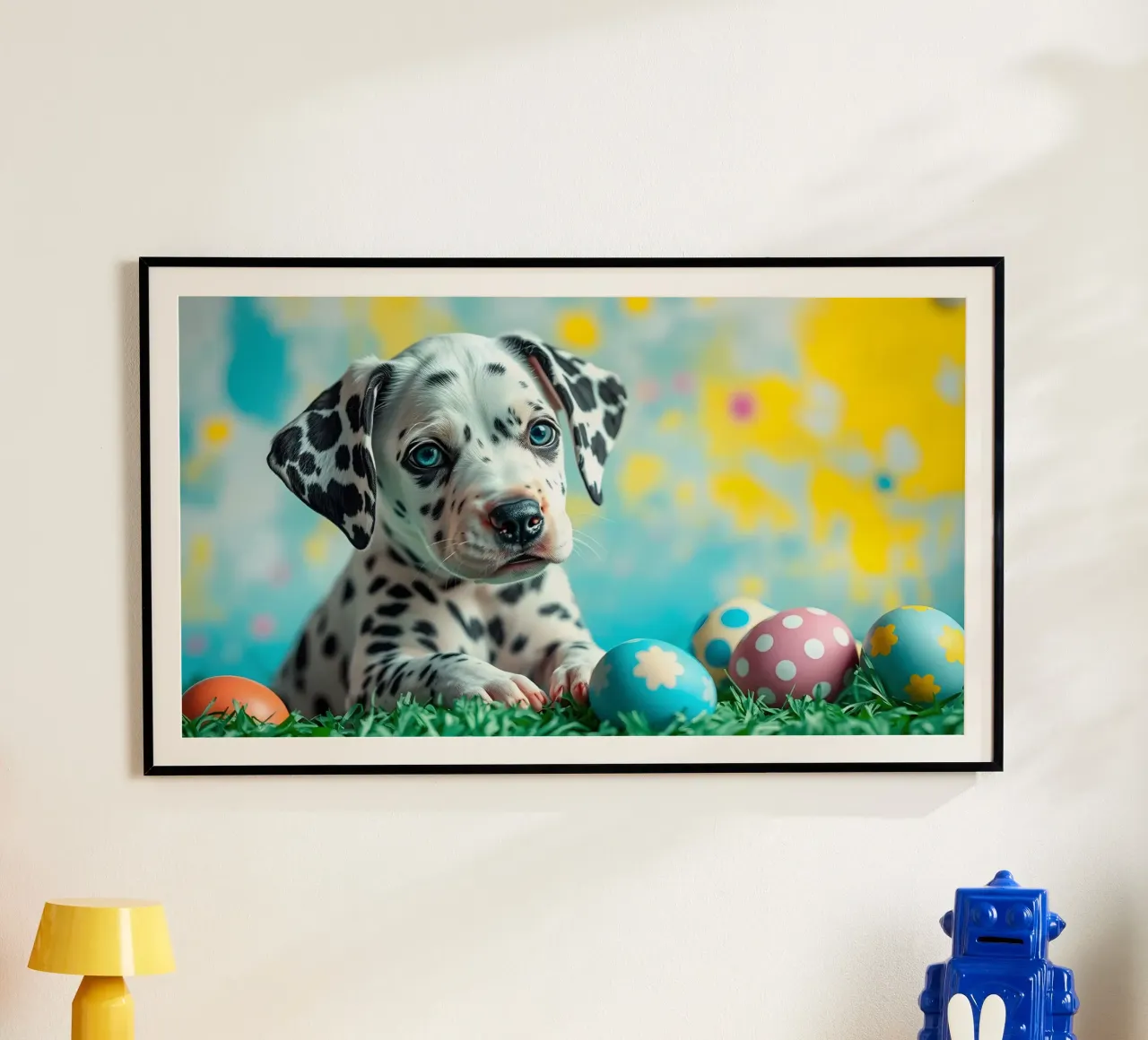 Cucciolo di dalmata esplora le colorate uova di Pasqua poster da DesignDoodle