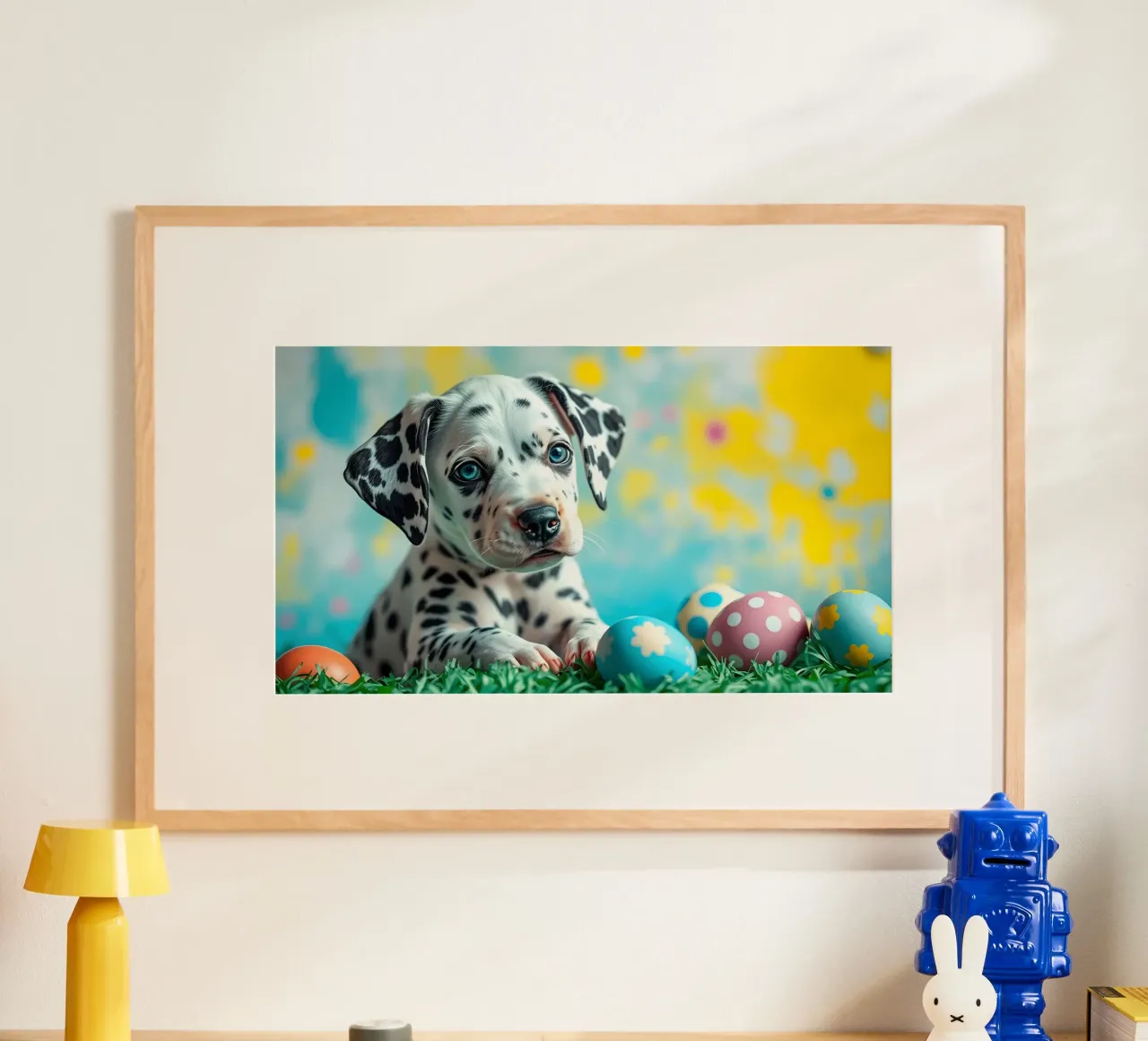 Cucciolo di dalmata esplora le colorate uova di Pasqua poster da DesignDoodle