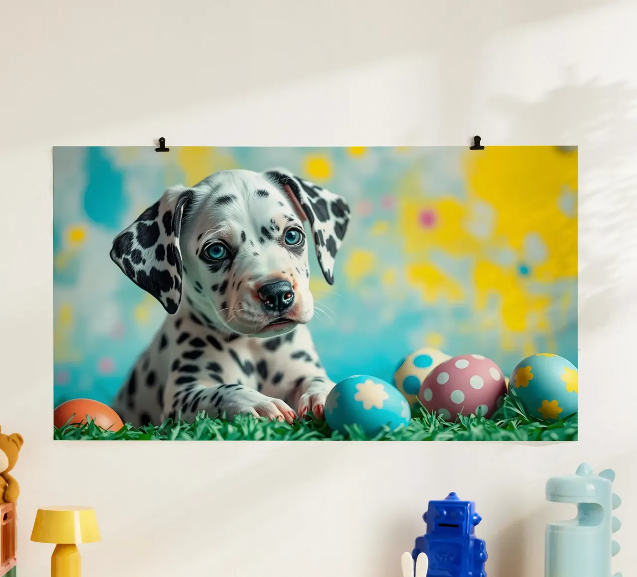 Cucciolo di dalmata esplora le colorate uova di Pasqua poster da DesignDoodle