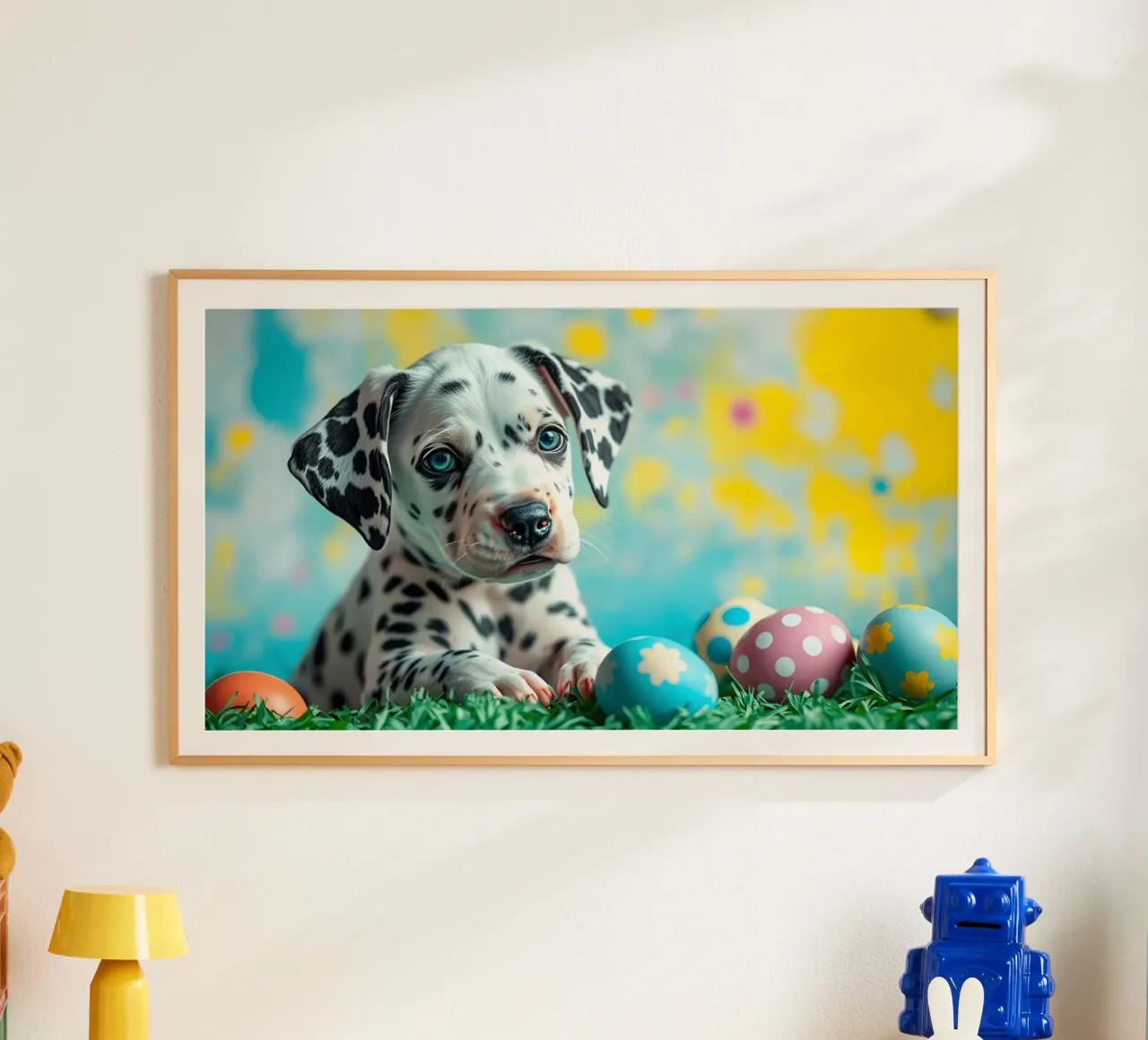 Cucciolo di dalmata esplora le colorate uova di Pasqua poster da DesignDoodle