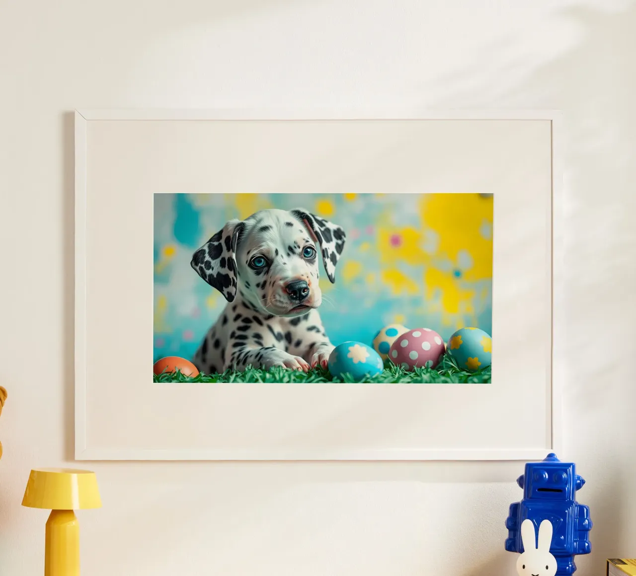 Cucciolo di dalmata esplora le colorate uova di Pasqua poster da DesignDoodle