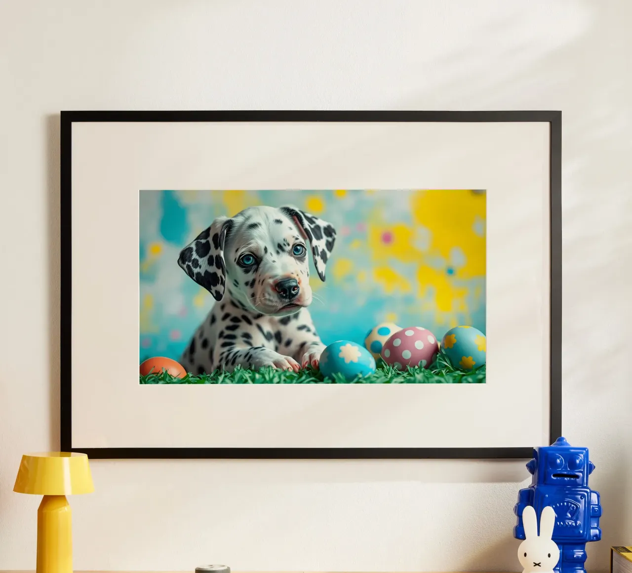 Cucciolo di dalmata esplora le colorate uova di Pasqua poster da DesignDoodle