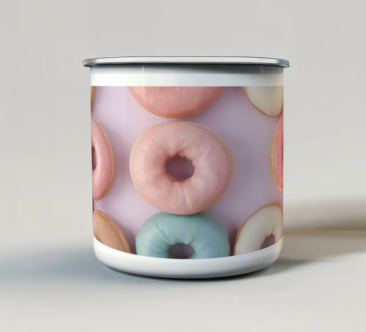 donuts arranged on a pastel background perfect for dessert l enamel mug by DesignDoodle