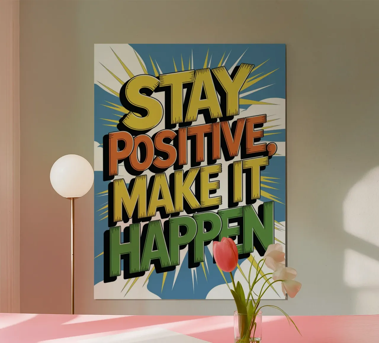 RESTEZ POSITIF. FAITES EN SORTE QUE LES CHOSES SE PASSENT BIEN. poster avec cadre en bois de logic