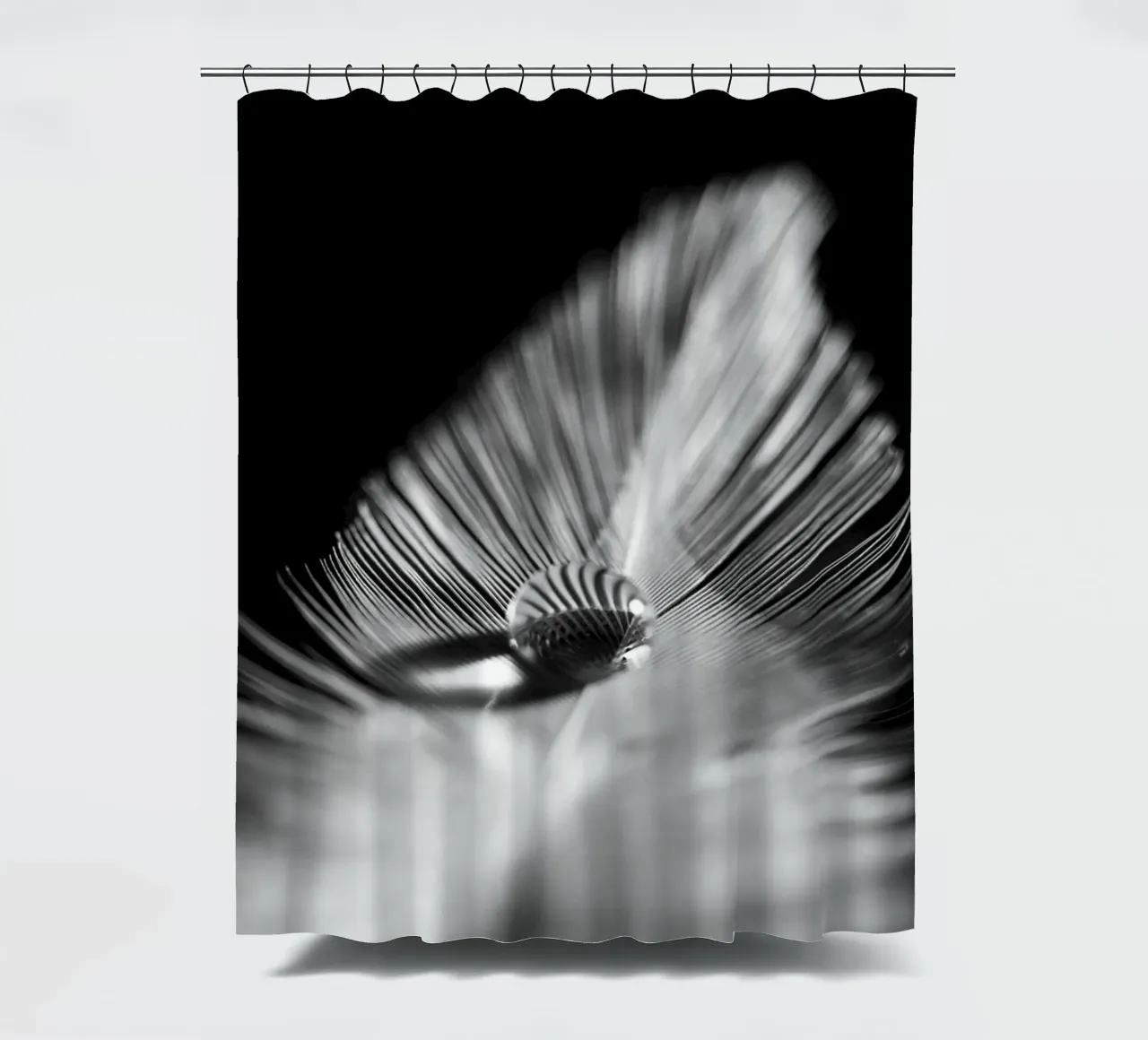 Wasserperle auf feiner Feder, schwarz weiß shower curtain by Stina Freytag