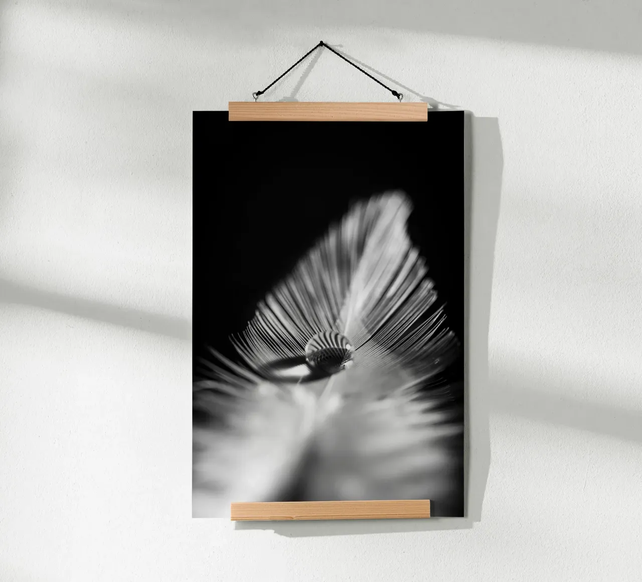 Wasserperle auf feiner Feder, schwarz weiß poster with wooden frame by Stina Freytag
