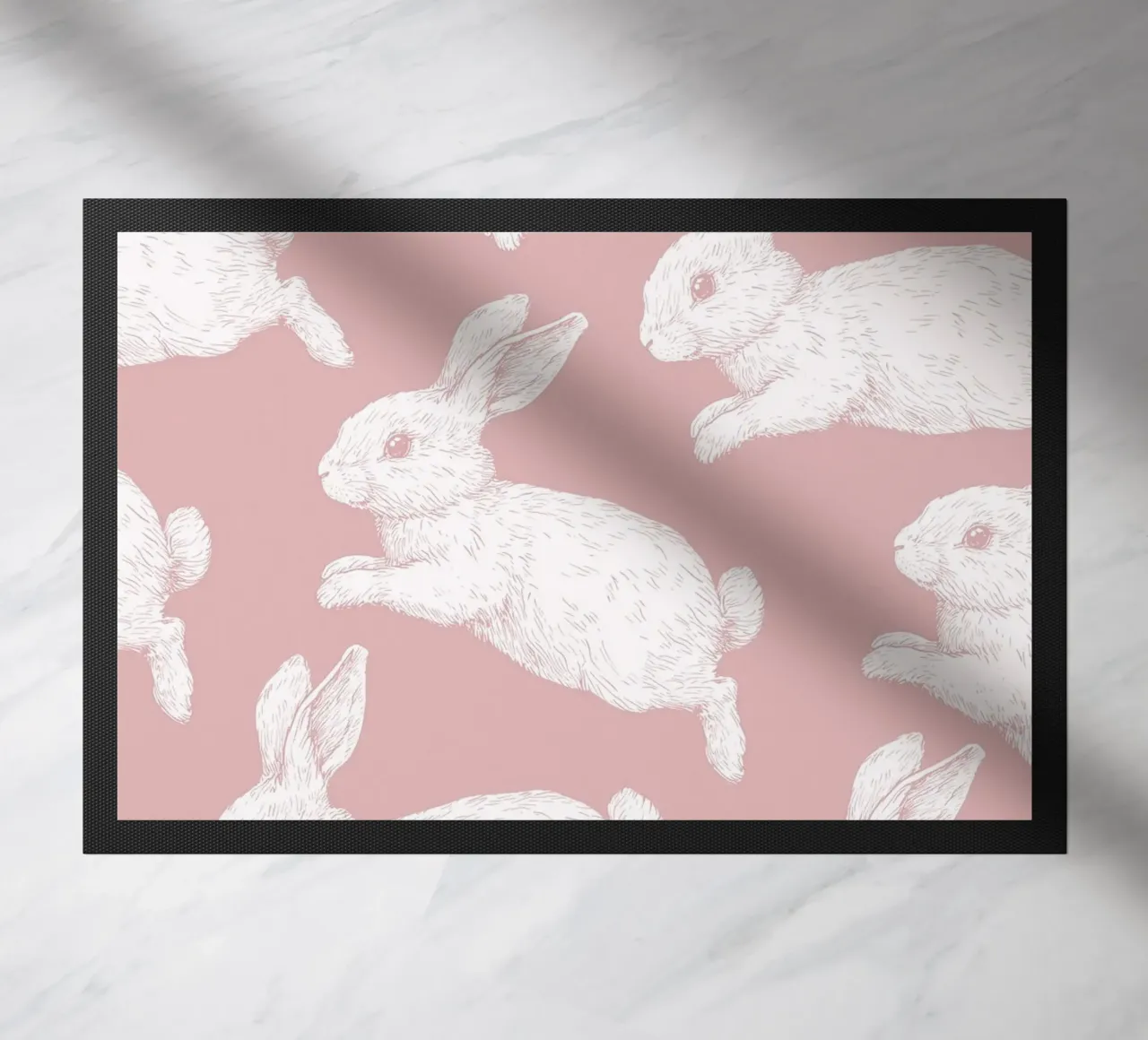 White Bunny Pattern doormat by Jungle Joy Art