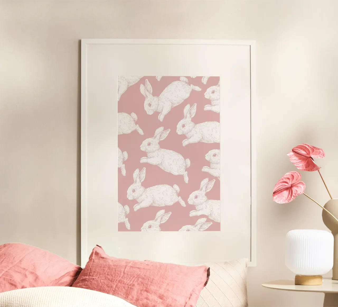 White Bunny Pattern poster by Jungle Joy Art