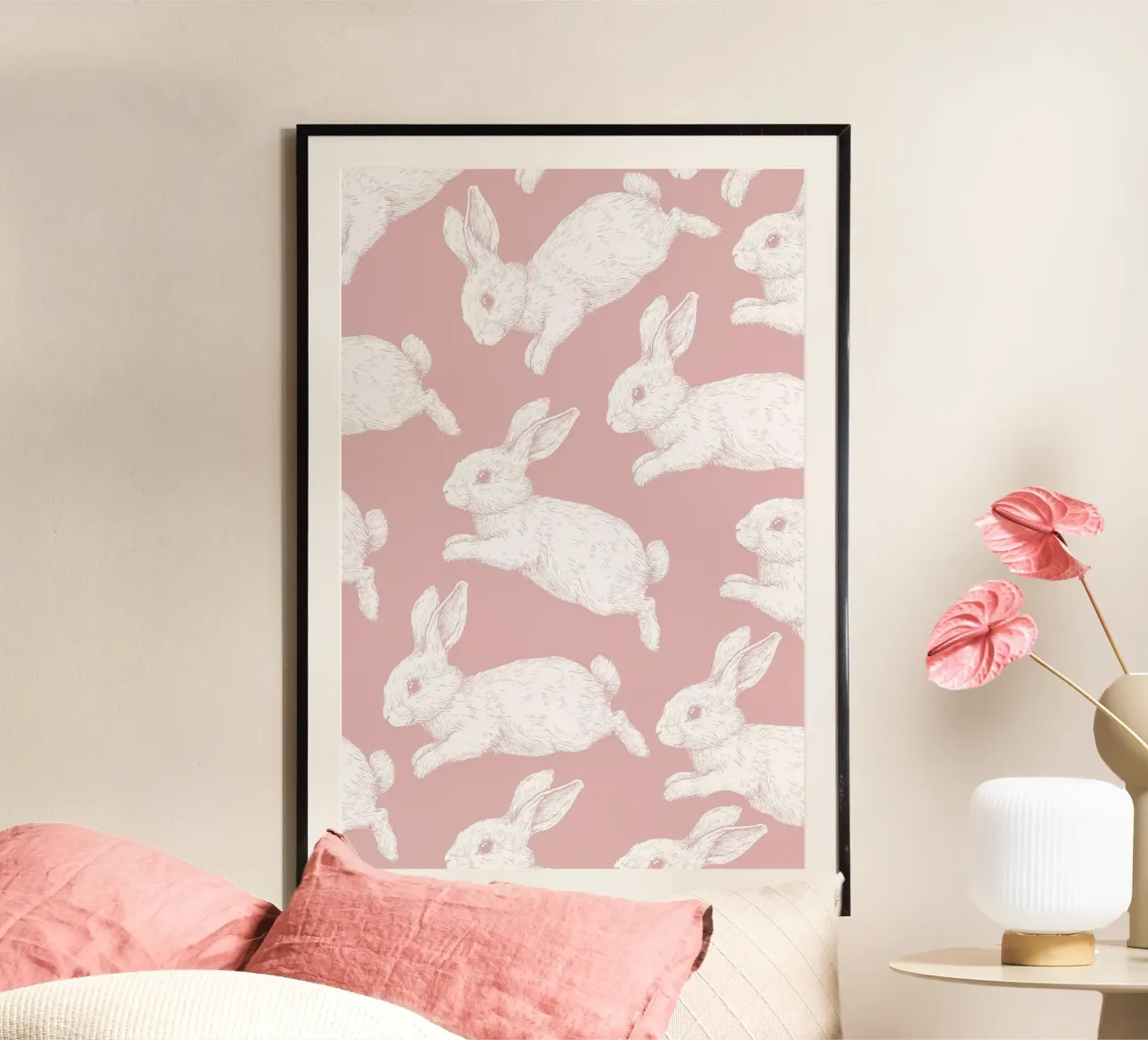 White Bunny Pattern poster by Jungle Joy Art