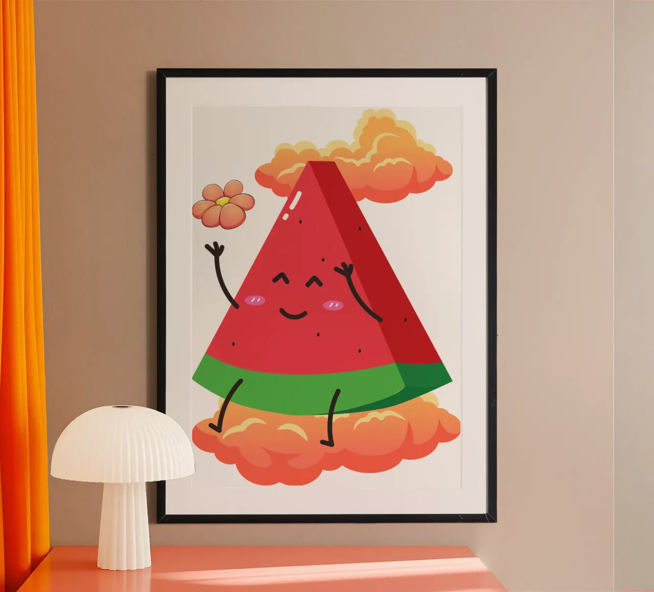 cute watermelon with orange cloud poster with aluminum frame by yukihana