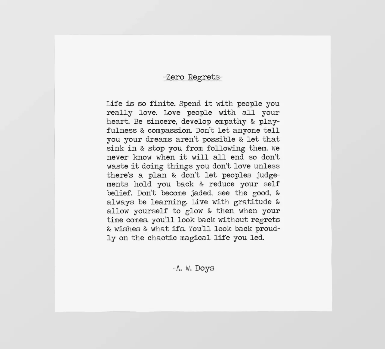 Zero Regrets - A. W. Doys Quote pellicola backlit da Summer Soul Co. - Quotes