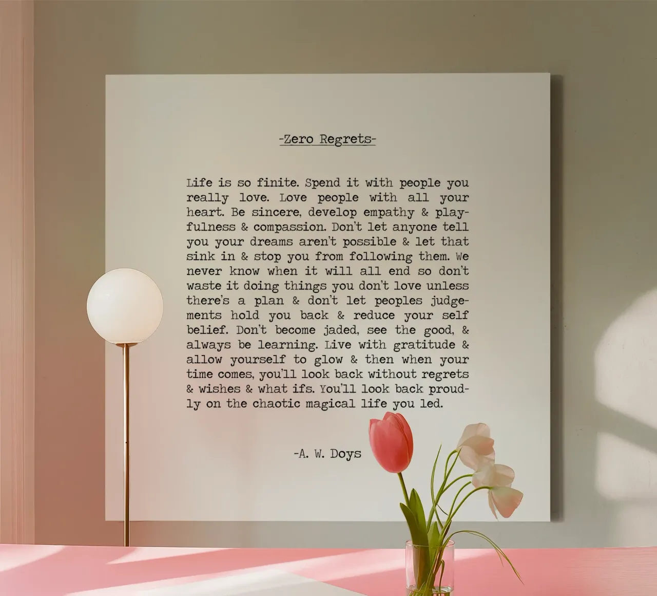 Zero Regrets - A. W. Doys Quote tela con Cornice a cassetta da Summer Soul Co. - Quotes