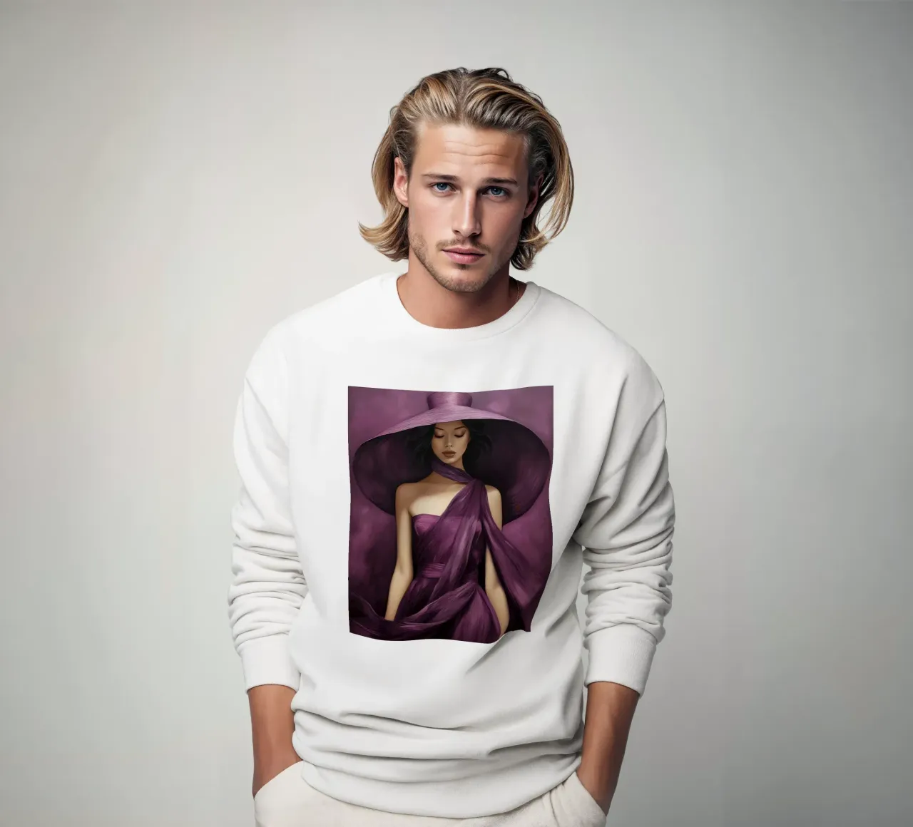 Ritratto di moda donna con grande cappello in colore viola basilico felpa da Take Your Art BV