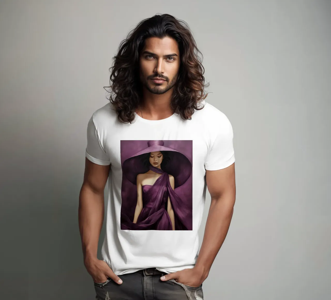 Ritratto di moda donna con grande cappello in colore viola basilico t-shirt da Take Your Art BV