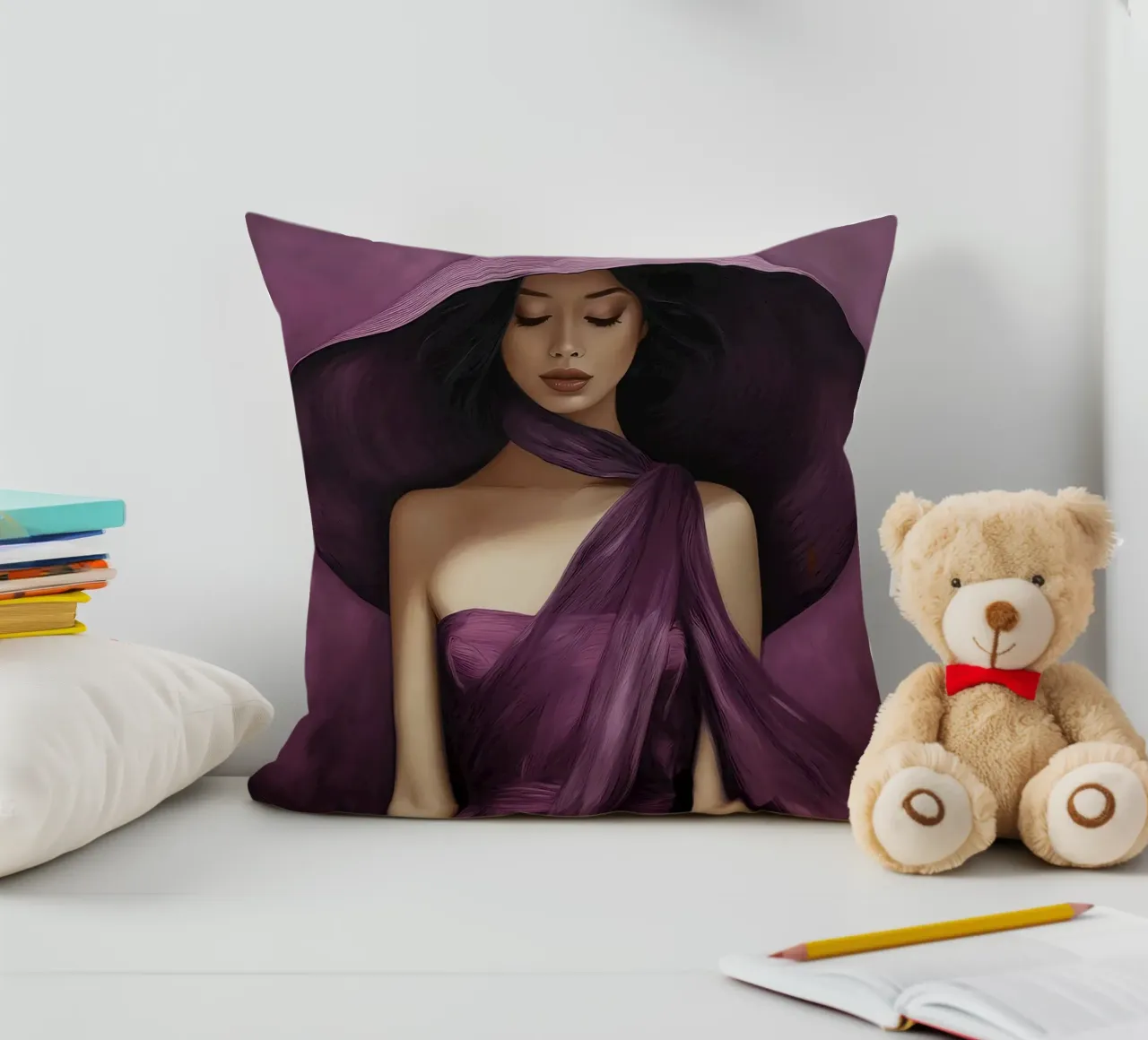 Ritratto di moda donna con grande cappello in colore viola basilico cuscino da Take Your Art BV