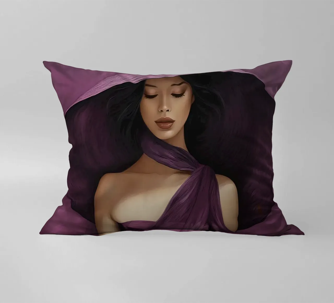 Ritratto di moda donna con grande cappello in colore viola basilico cuscino da Take Your Art BV