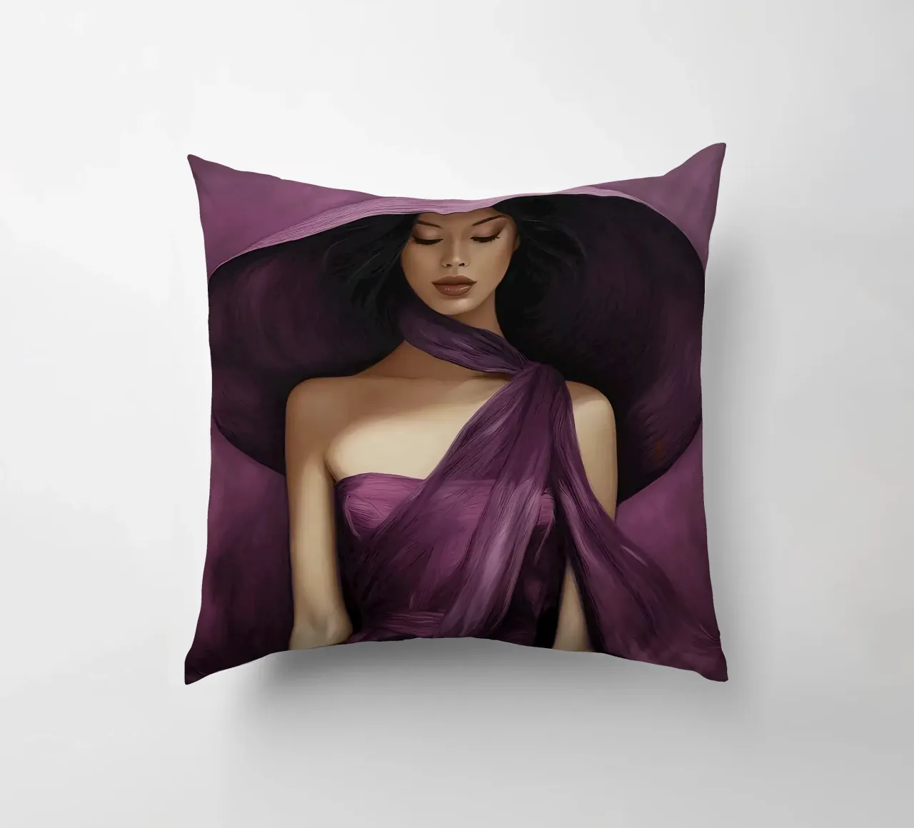 Ritratto di moda donna con grande cappello in colore viola basilico cuscino da Take Your Art BV