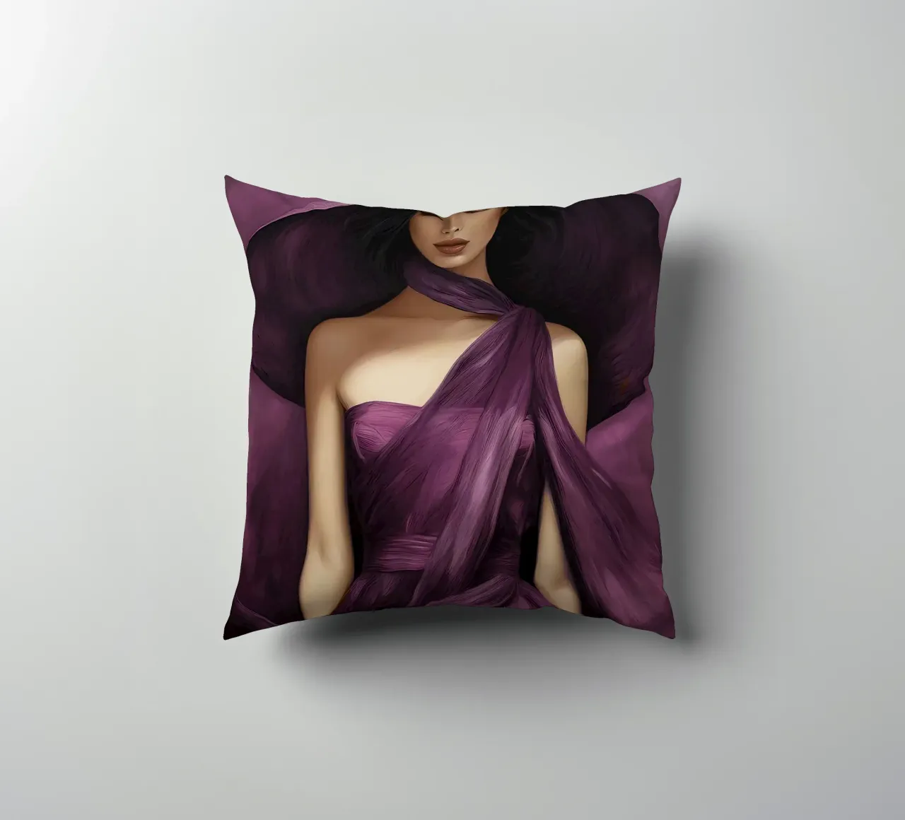 Ritratto di moda donna con grande cappello in colore viola basilico cuscino da Take Your Art BV