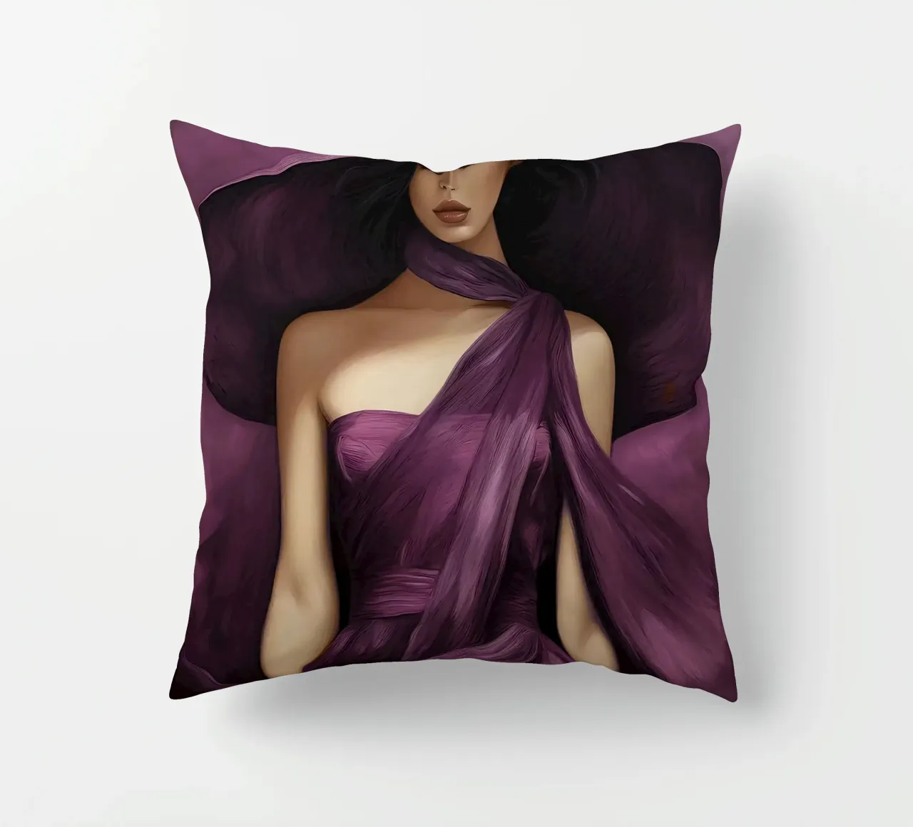 Ritratto di moda donna con grande cappello in colore viola basilico cuscino da Take Your Art BV