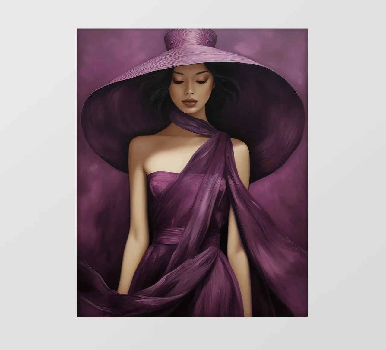 Ritratto di moda donna con grande cappello in colore viola basilico pellicola backlit da Take Your Art BV