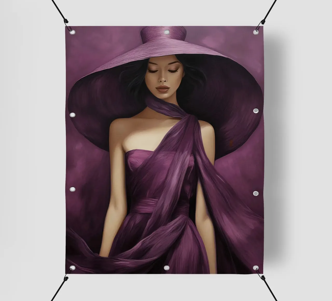 Ritratto di moda donna con grande cappello in colore viola basilico telo in pvc da Take Your Art BV