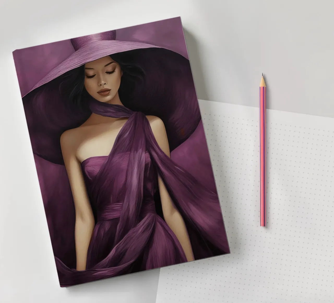 Ritratto di moda donna con grande cappello in colore viola basilico diario da Take Your Art BV
