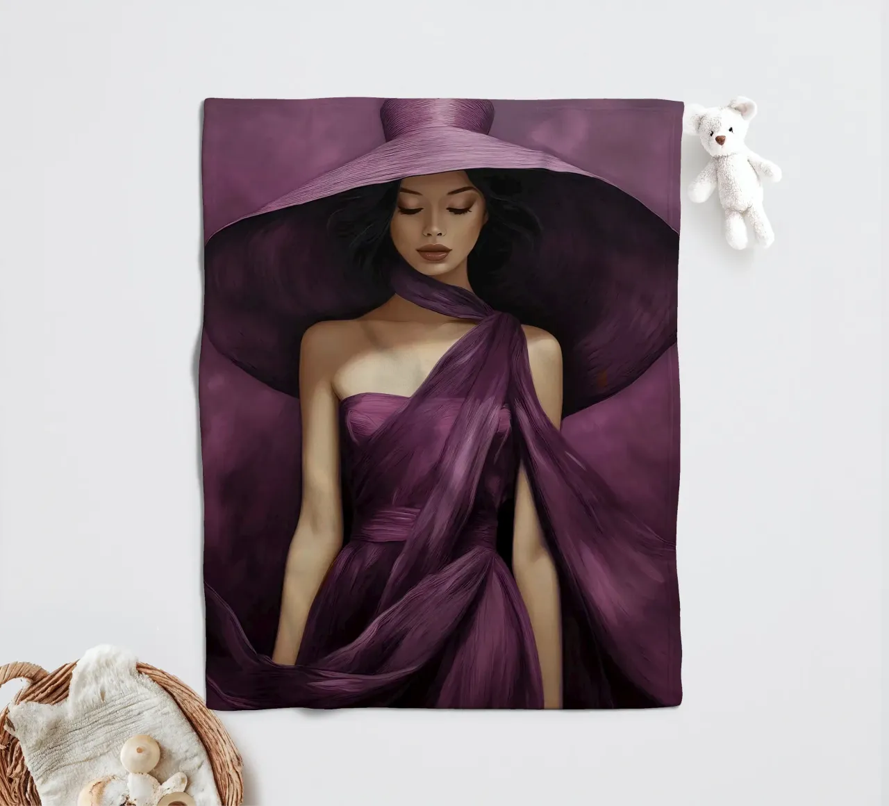Ritratto di moda donna con grande cappello in colore viola basilico coperta in pile da Take Your Art BV