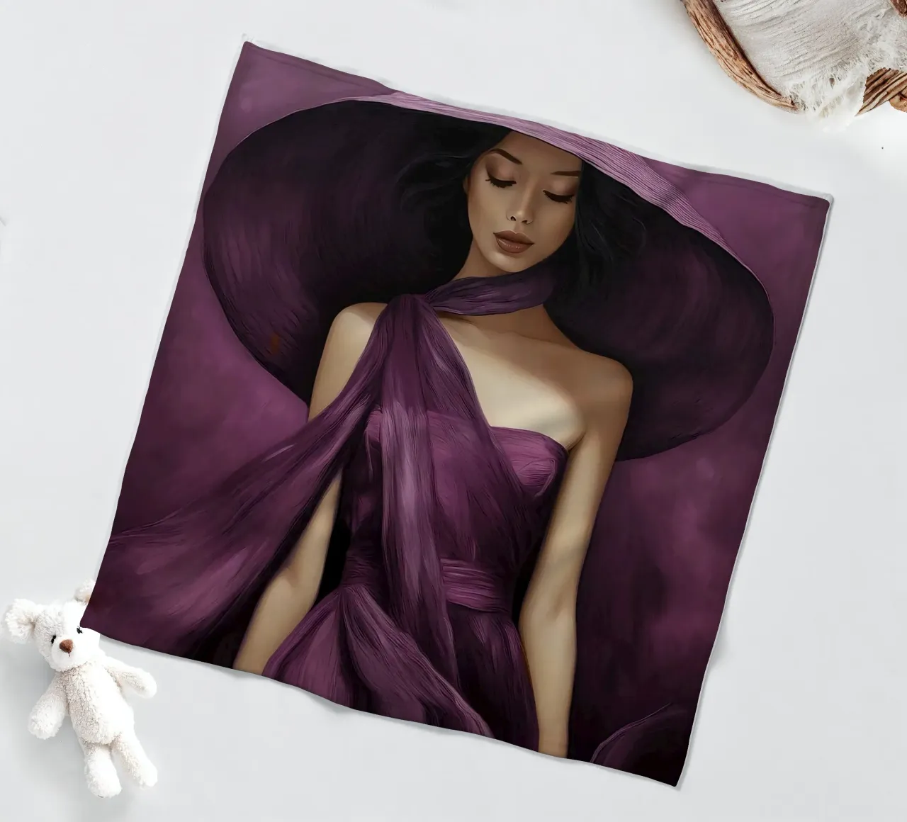 Ritratto di moda donna con grande cappello in colore viola basilico coperta in pile da Take Your Art BV
