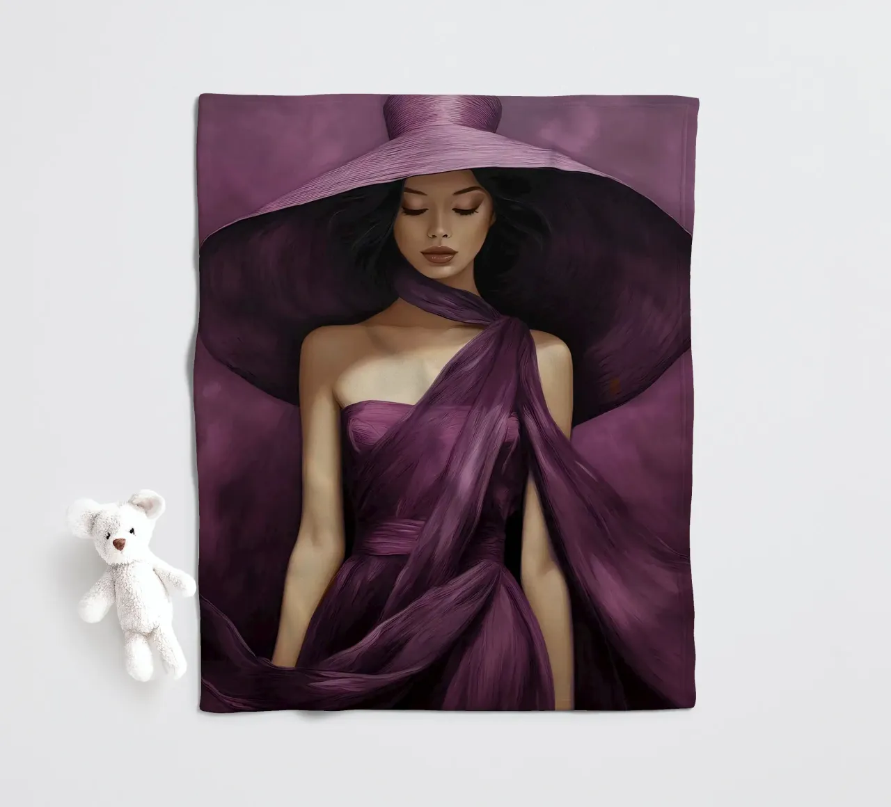Ritratto di moda donna con grande cappello in colore viola basilico coperta in pile da Take Your Art BV