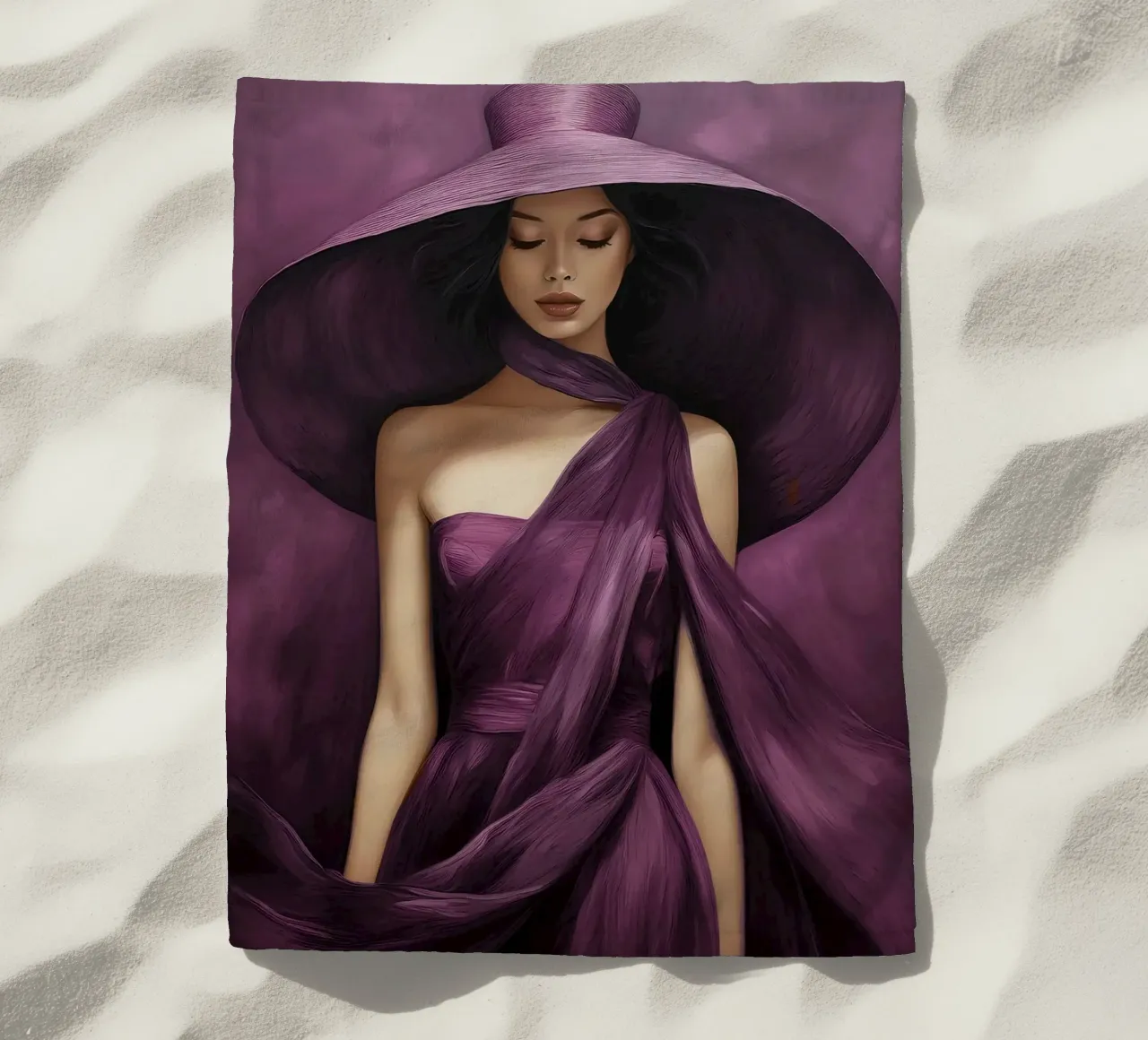 Ritratto di moda donna con grande cappello in colore viola basilico telo mare da Take Your Art BV
