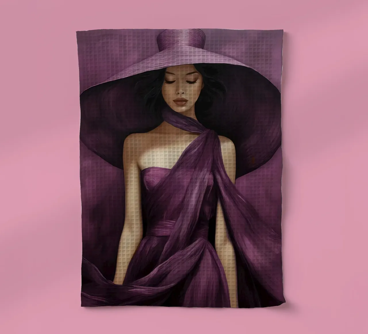Ritratto di moda donna con grande cappello in colore viola basilico canovaccio da cucina da Take Your Art BV