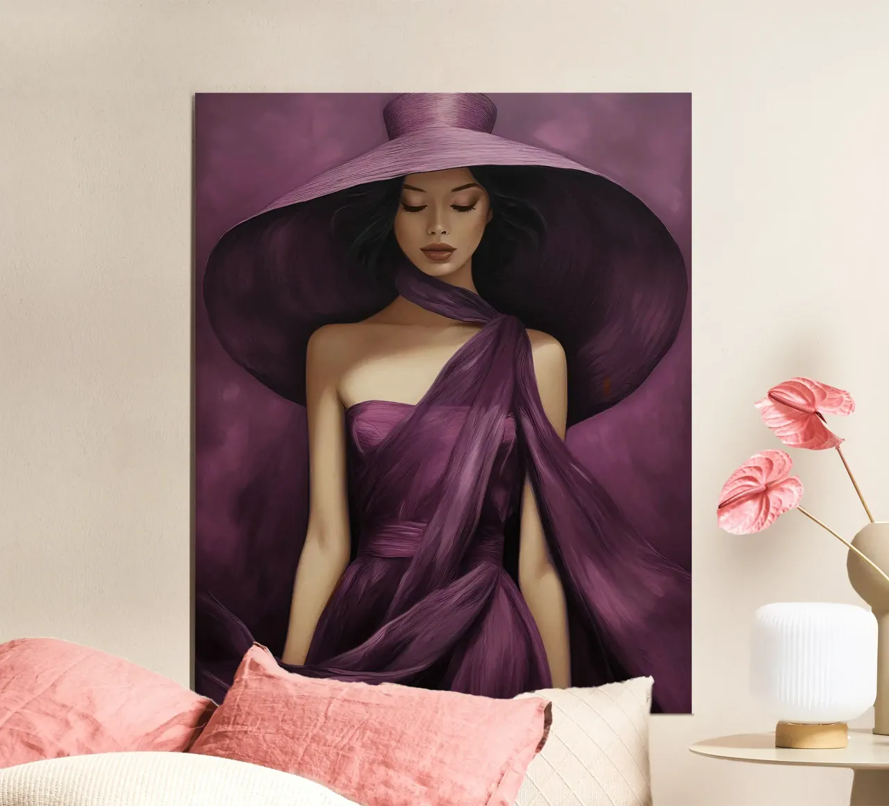 Ritratto di moda donna con grande cappello in colore viola basilico carta hahnemühle da Take Your Art BV