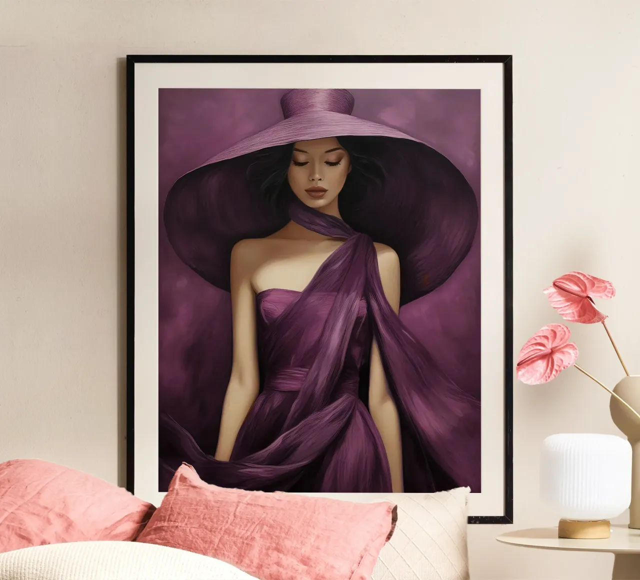 Ritratto di moda donna con grande cappello in colore viola basilico carta hahnemühle da Take Your Art BV