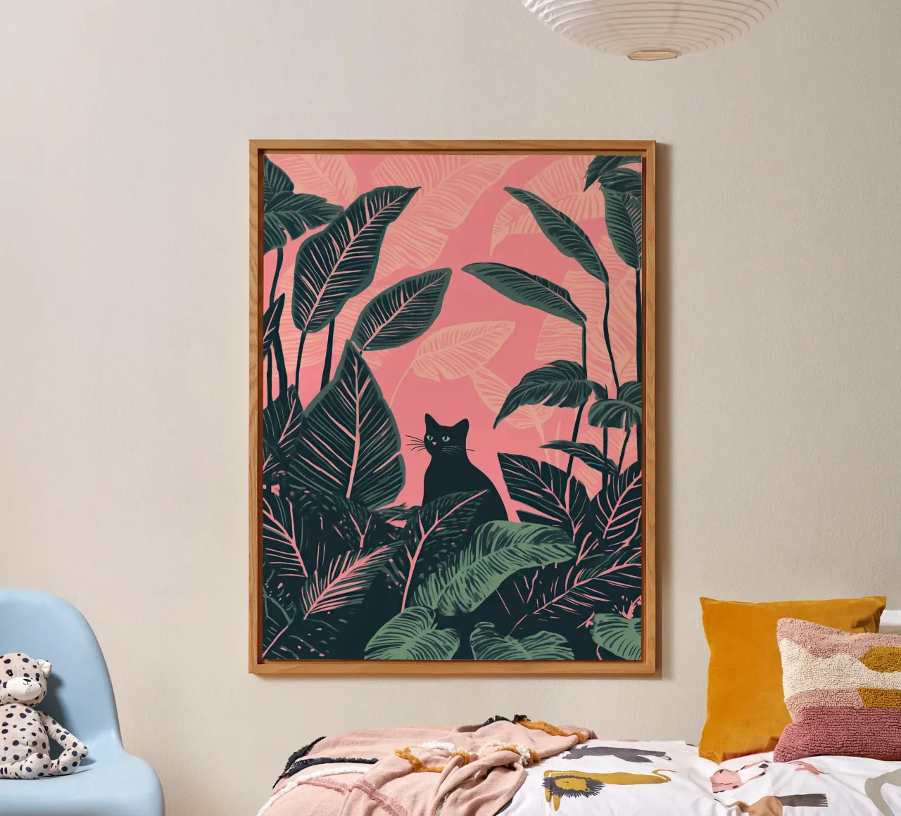 Gatto nero nella giungla di Calathea rosa e verde alluminio dibond da Autofocus