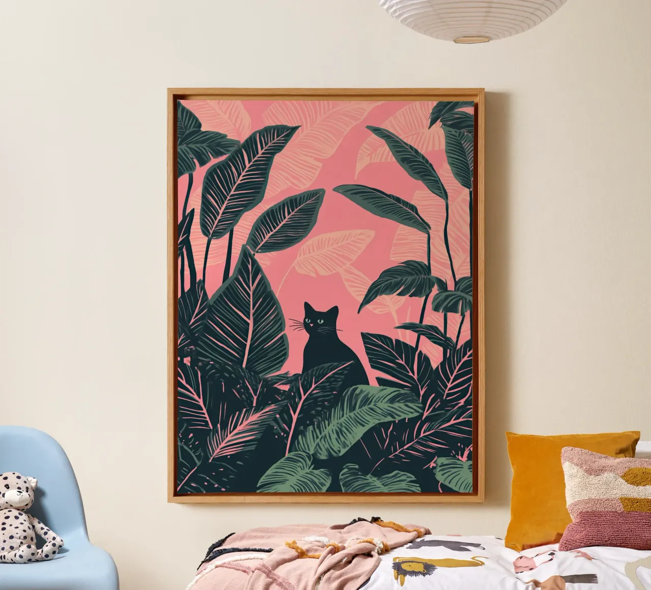 Gatto nero nella giungla di Calathea rosa e verde tela con Cornice a cassetta da Autofocus