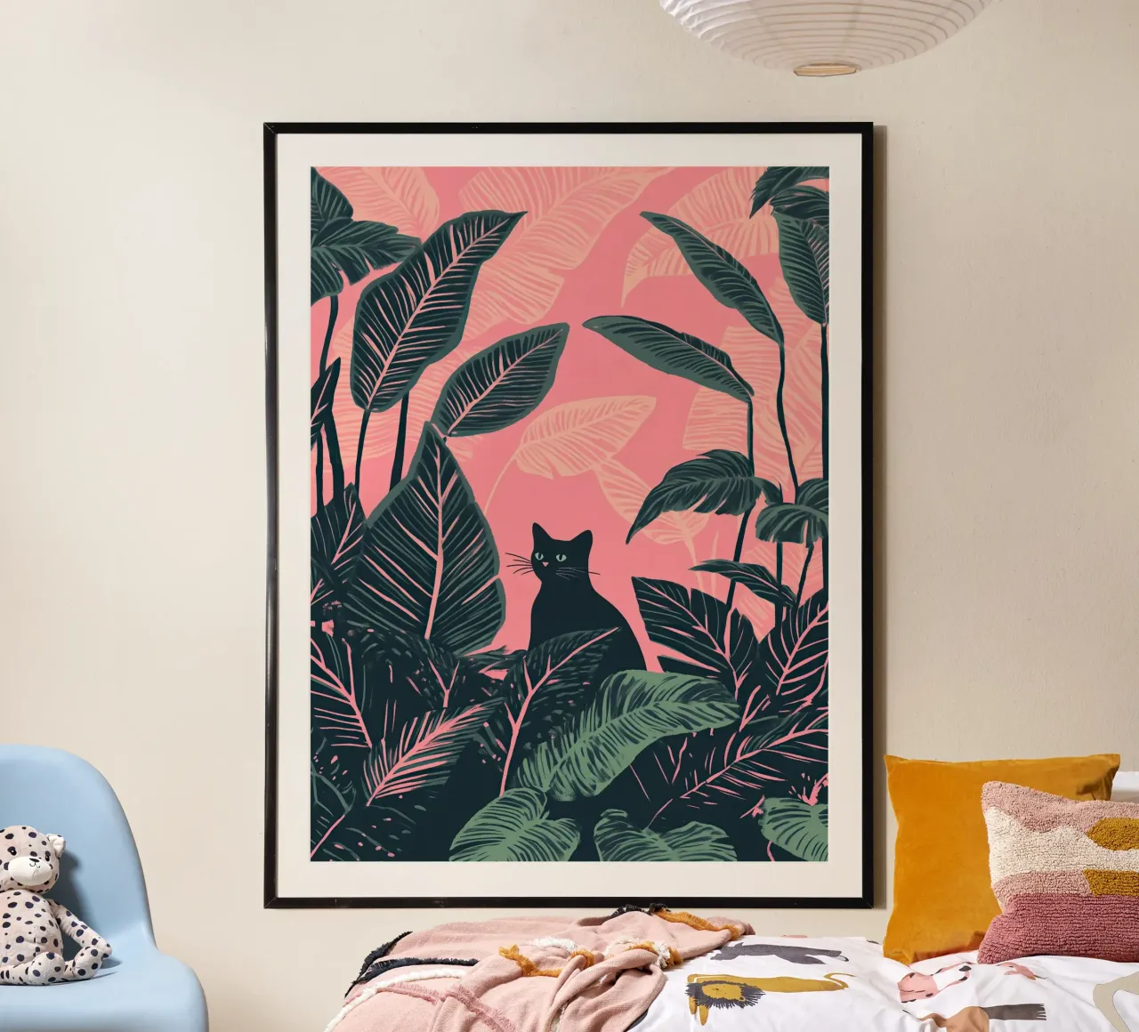 Gatto nero nella giungla di Calathea rosa e verde carta hahnemühle da Autofocus