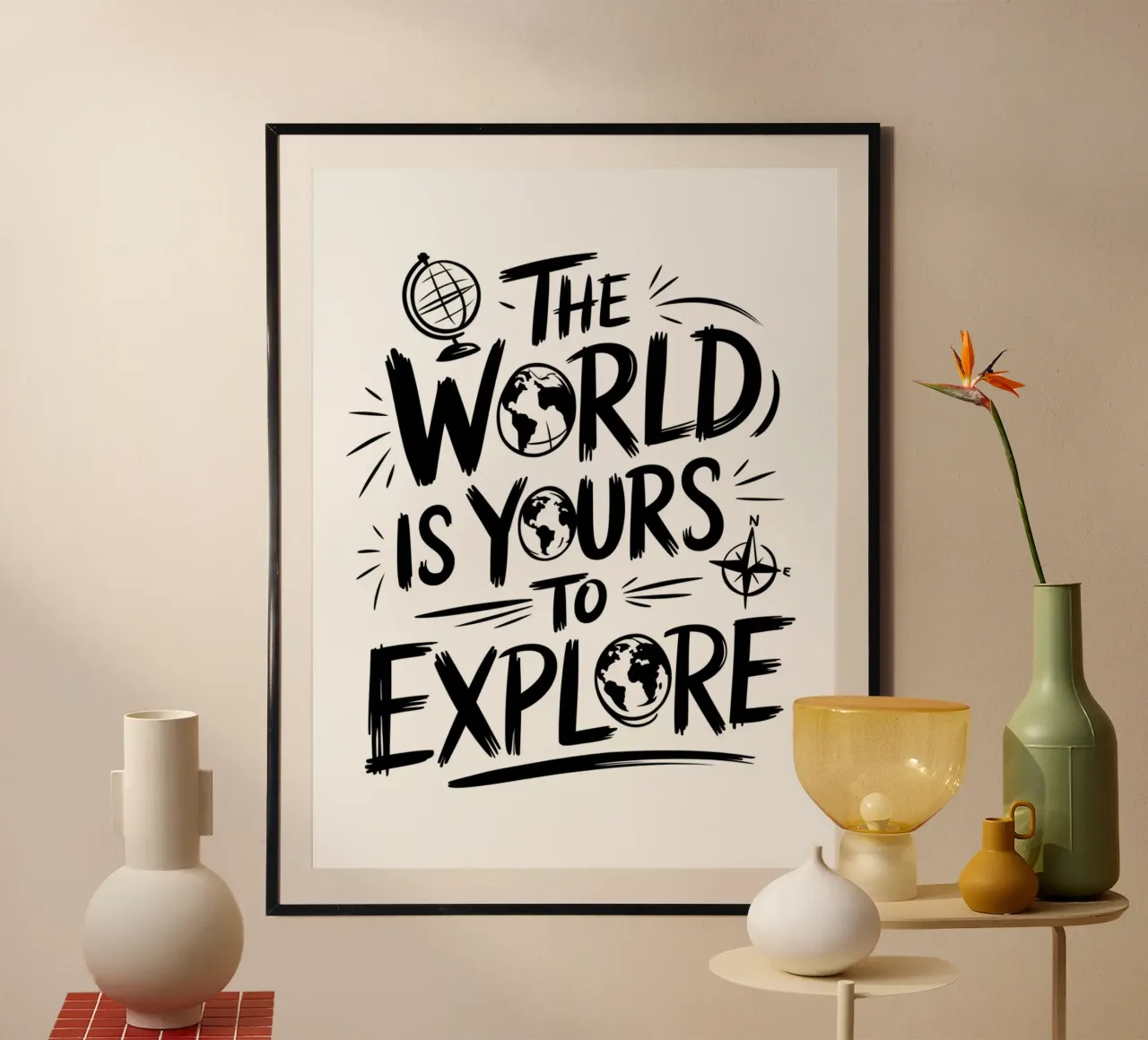 DE WERELD IS VAN JOU OM TE VERKENNEN poster met aluminium frame van logic