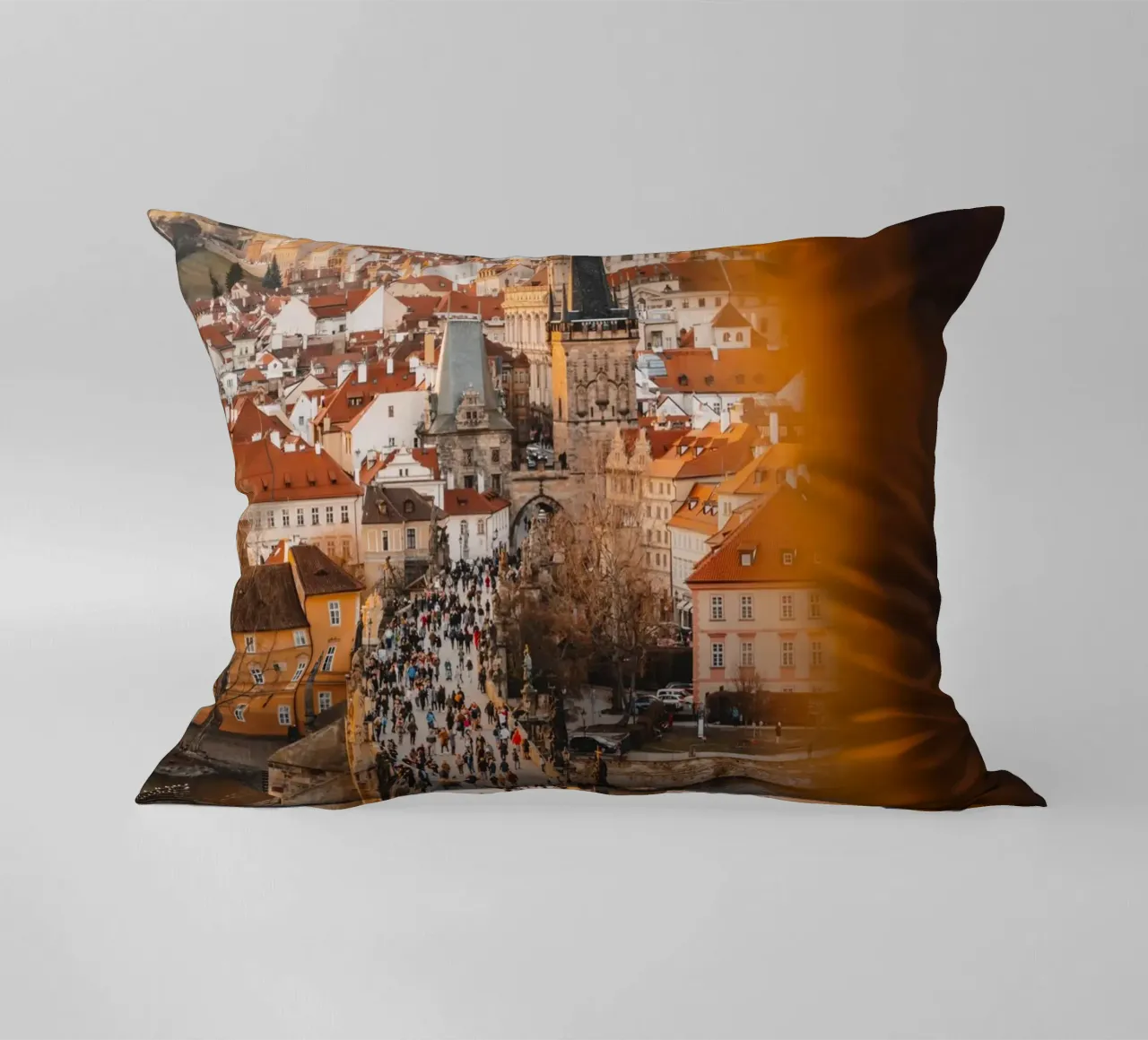 Prague photo - View of Charles Bridge in the evening light decorative cushion by Bold and Retro