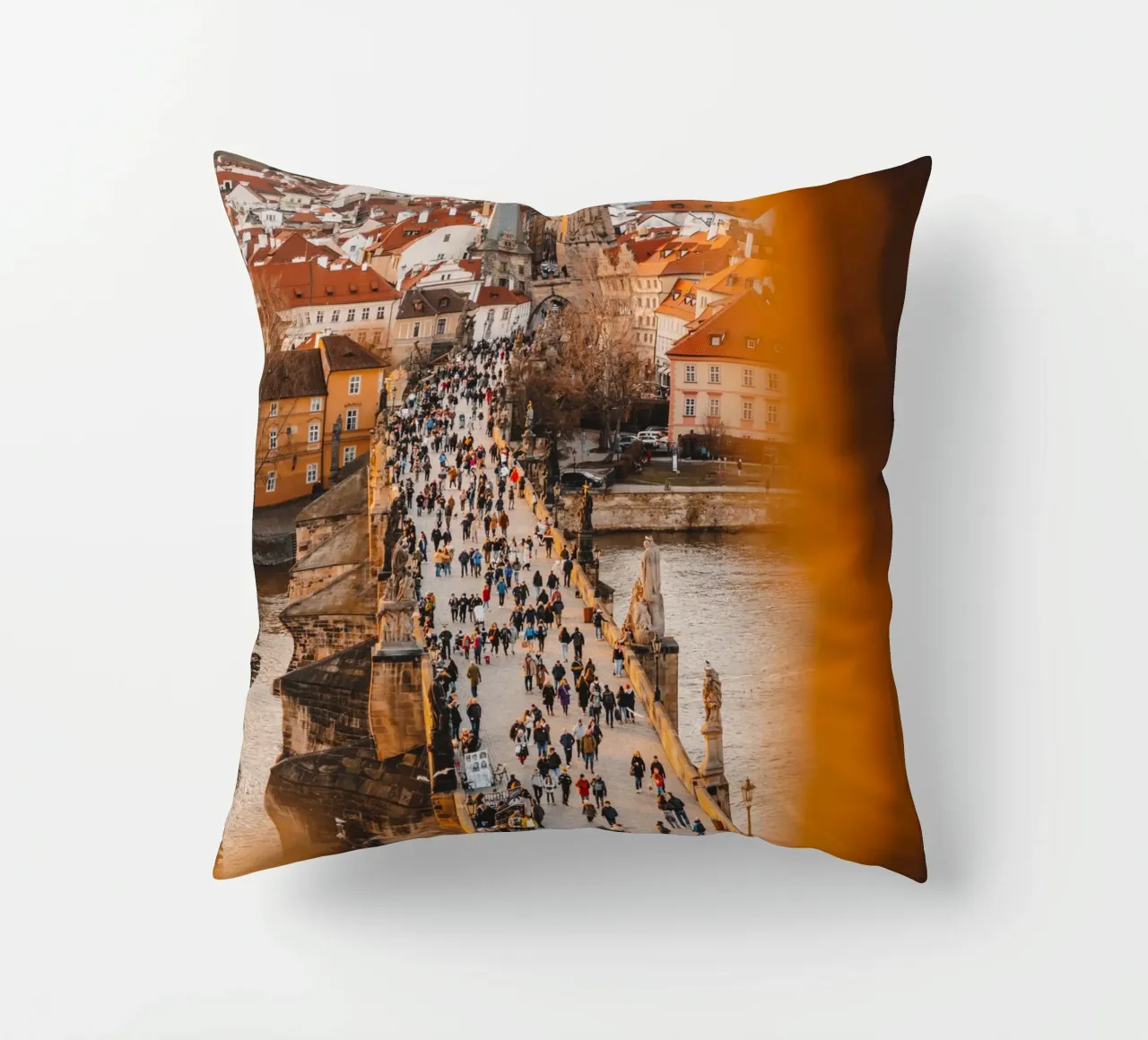 Prague photo - View of Charles Bridge in the evening light decorative cushion by Bold and Retro