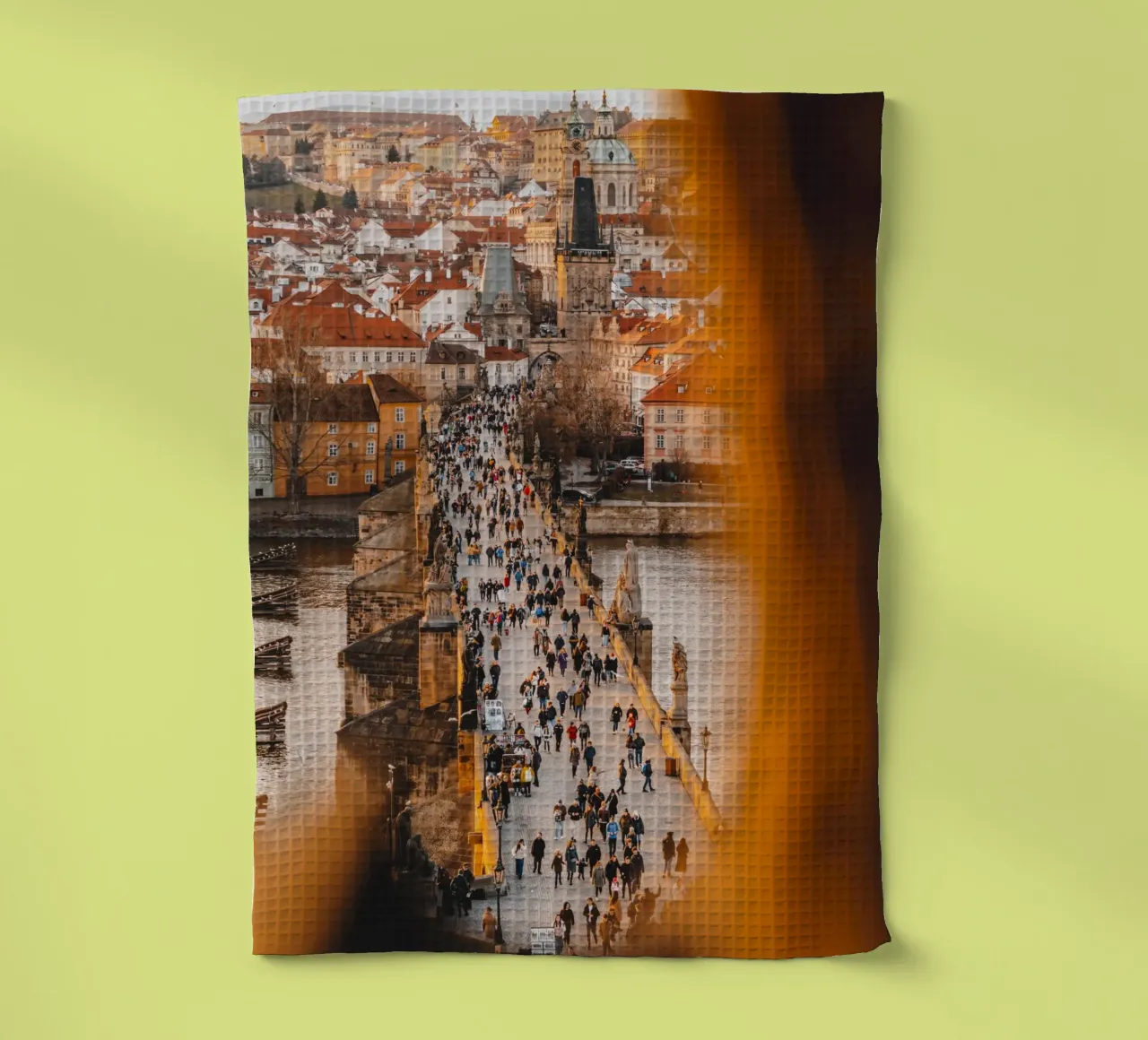 Prague photo - View of Charles Bridge in the evening light tea towel by Bold and Retro