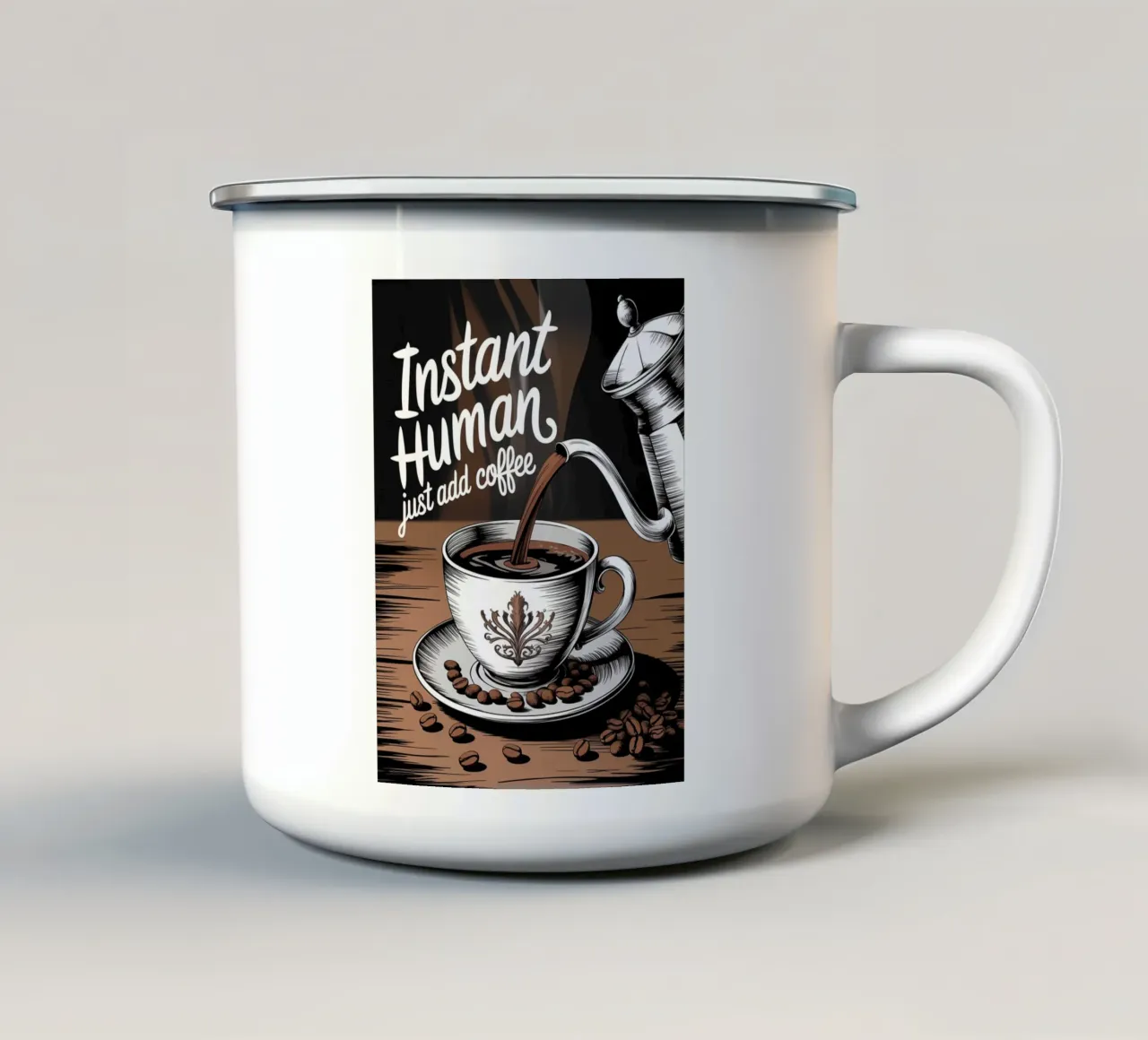 Umano istantaneo: basta aggiungere il caffè tazza in smalto da logic