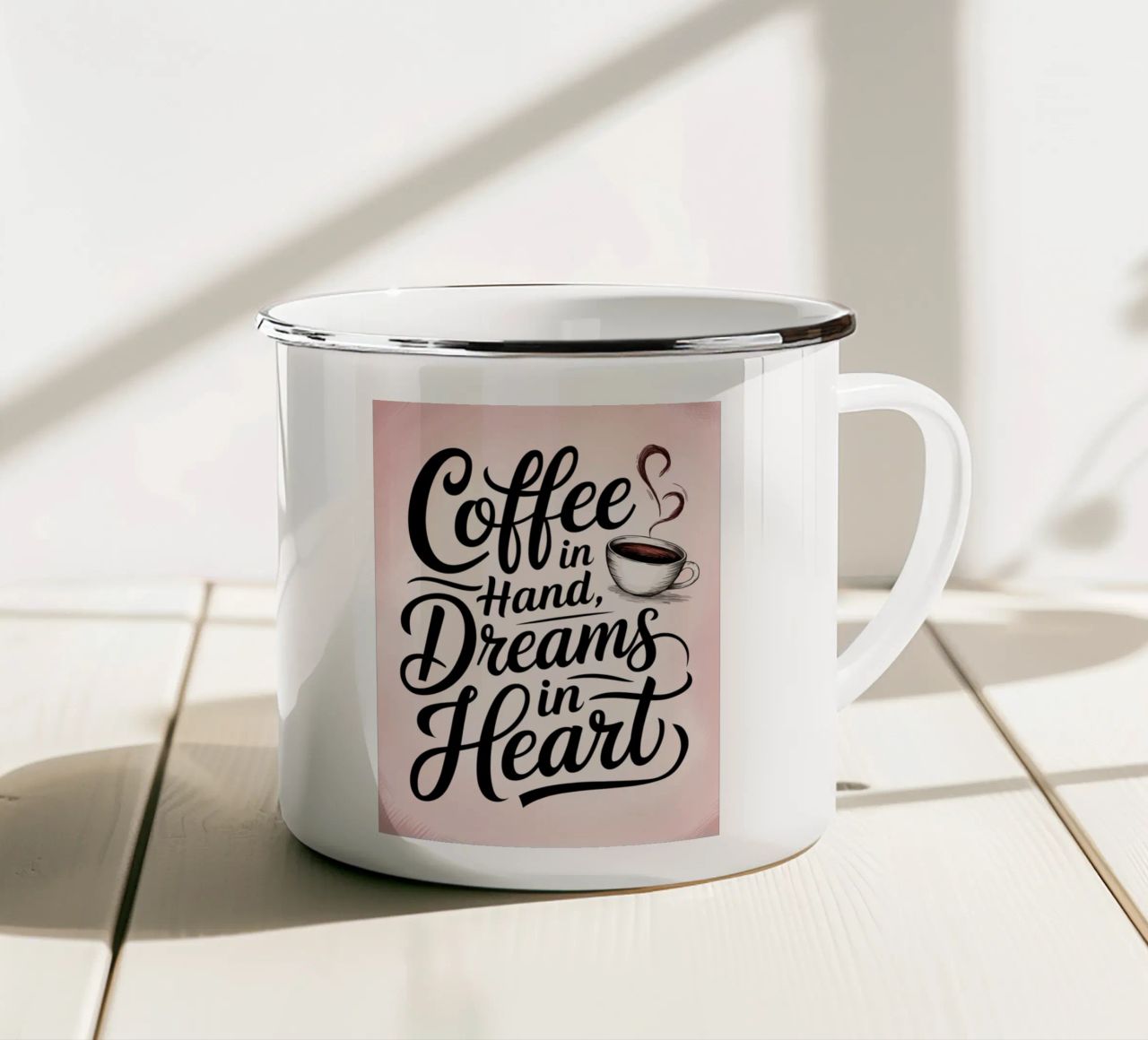 Caffè in mano, sogni nel cuore tazza in smalto da logic